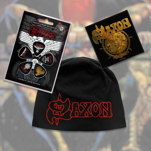 Saxon Officially Licensed Gift Set - 1 Jersey Beanie, 1 Standard Woven Patch, 1 Set of Five Guitar Picks Black in Kuwait