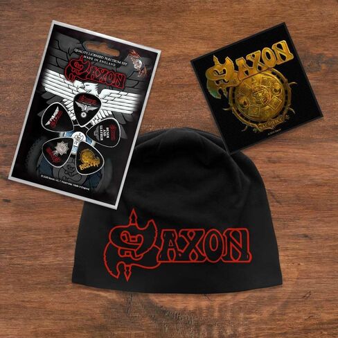 Saxon Officially Licensed Gift Set - 1 Jersey Beanie, 1 Standard Woven Patch, 1 Set of Five Guitar Picks Black in Kuwait