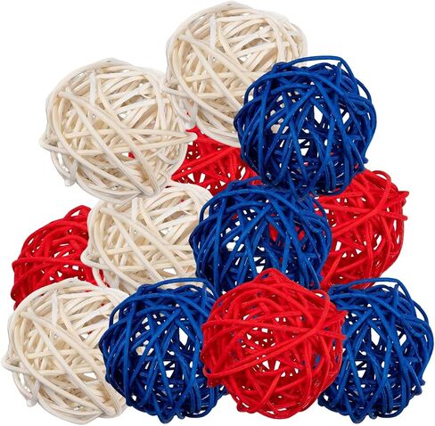 12Pcs 4th of July Rattan Balls Decorations, Red White Blue Woven Balls Ornaments for Patriotic Independence Day Home Party Vase Filler Decor in Saudi Arabia