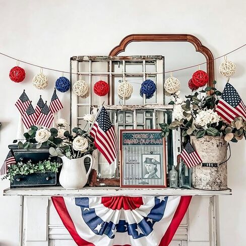 12Pcs 4th of July Rattan Balls Decorations, Red White Blue Woven Balls Ornaments for Patriotic Independence Day Home Party Vase Filler Decor in Saudi Arabia