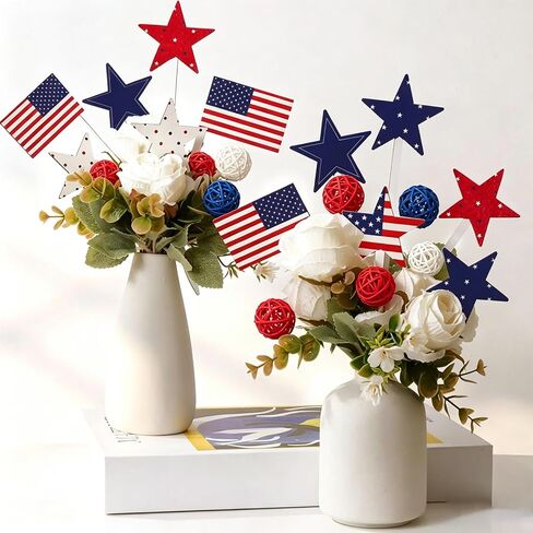 12Pcs 4th of July Rattan Balls Decorations, Red White Blue Woven Balls Ornaments for Patriotic Independence Day Home Party Vase Filler Decor in Saudi Arabia
