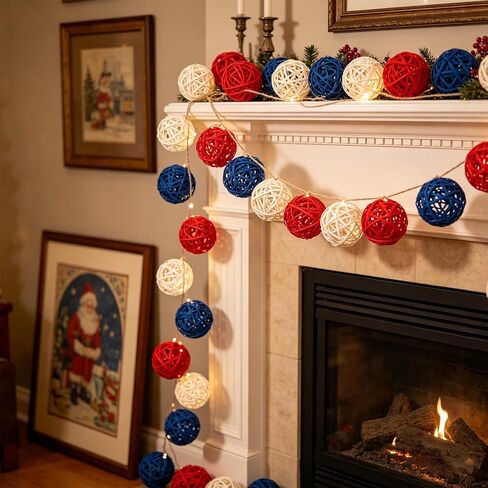 12Pcs 4th of July Rattan Balls Decorations, Red White Blue Woven Balls Ornaments for Patriotic Independence Day Home Party Vase Filler Decor in Saudi Arabia