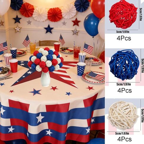 12Pcs 4th of July Rattan Balls Decorations, Red White Blue Woven Balls Ornaments for Patriotic Independence Day Home Party Vase Filler Decor in Saudi Arabia