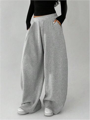 GORGLITTER Girl's Low Rise Barrel Sweatpants Casual Wide Leg Workout Lightweight Loose Baggy Sweat Pants with Pockets in Kuwait