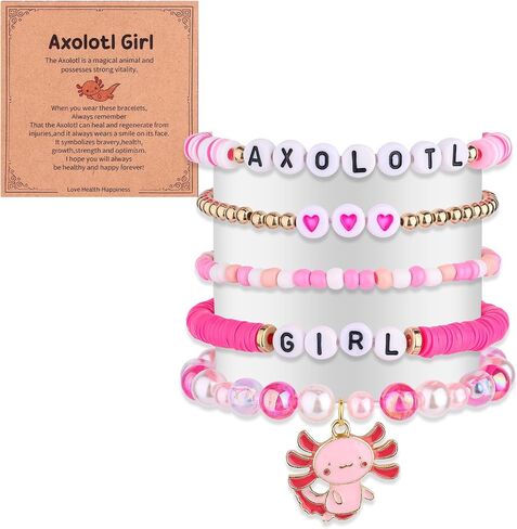 Mikovivi Axolotl Bracelet Set, Cute Stackable Axolotl Bead Bracelets with Card Kawaii Charm Beaded Jewelry for Girls Niece Birthday Present in Kuwait