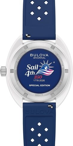 بولوفا كوارتز انبوب تنفس للرجال - America 250th Sail 4th Special Edition: 41 ملم هيكل سيراميك أبيض هجين مع حزام مطاطي أزرق وقرص أحمر (النمط: 98B474) in Kuwait
