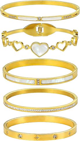 Gold Bangle Bracelets for Women, 5Pcs 18K Gold Plated Stainless Steel Stackable Bangle Bracelet Set, Waterproof Non-Tarnish Bangles with Cubic Zirconia, Gifts for Women in Kuwait