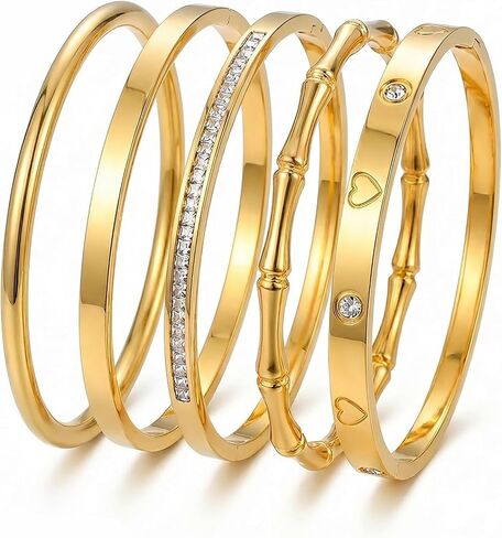 Camhanno Gold Bangle Bracelets for Women Trendy Waterproof - 18K Gold Plated Stackable Bamboo Style Stainless Steel Bracelets Non Tarnish Fashion Jewelry Gifts for Women in Saudi Arabia