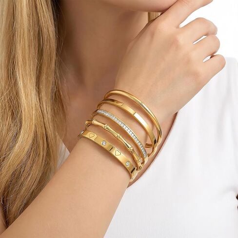 Camhanno Gold Bangle Bracelets for Women Trendy Waterproof - 18K Gold Plated Stackable Bamboo Style Stainless Steel Bracelets Non Tarnish Fashion Jewelry Gifts for Women in Saudi Arabia