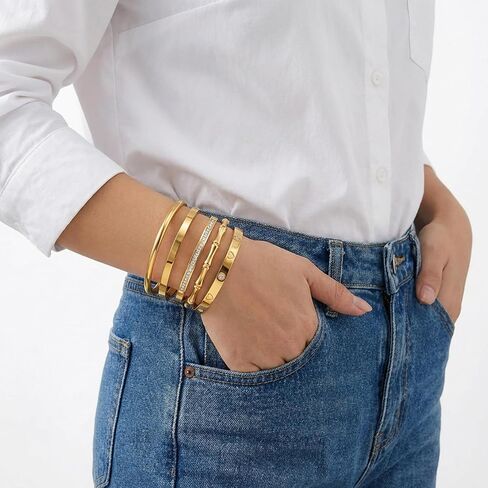 Camhanno Gold Bangle Bracelets for Women Trendy Waterproof - 18K Gold Plated Stackable Bamboo Style Stainless Steel Bracelets Non Tarnish Fashion Jewelry Gifts for Women in Saudi Arabia