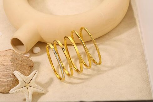 Camhanno Gold Bangle Bracelets for Women Trendy Waterproof - 18K Gold Plated Stackable Bamboo Style Stainless Steel Bracelets Non Tarnish Fashion Jewelry Gifts for Women in Saudi Arabia