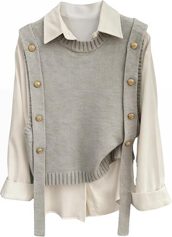 MakeMeChic Women's Sweater Vest Knit Sleeveless Metal Button Retro Vintage Tops in Kuwait