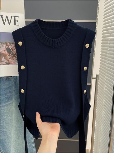 MakeMeChic Women's Sweater Vest Knit Sleeveless Metal Button Retro Vintage Tops in Kuwait