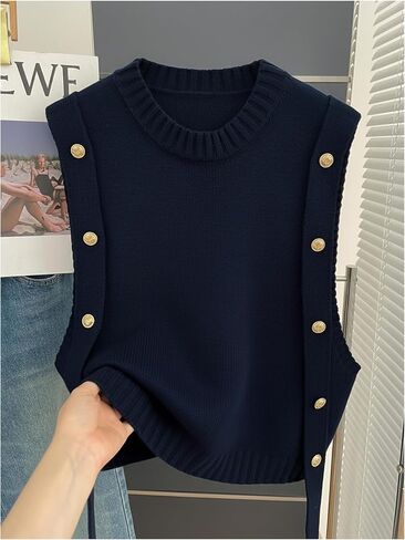 MakeMeChic Women's Sweater Vest Knit Sleeveless Metal Button Retro Vintage Tops in Kuwait