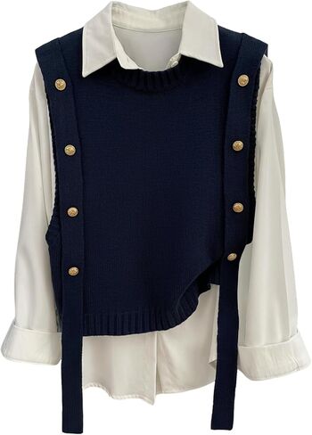 MakeMeChic Women's Sweater Vest Knit Sleeveless Metal Button Retro Vintage Tops in Kuwait