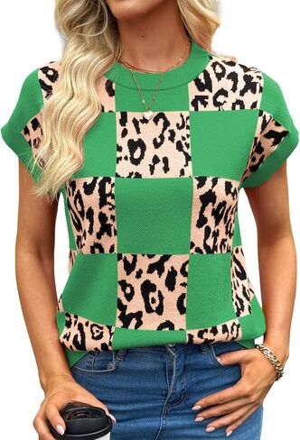 EVALESS سترة سترة المرأة Crewneck قصيرة الأكمام اللون كتلة ليوبارد طباعة القمم 2026 الصيف الخريف العصرية البلوزات الملابس in Kuwait