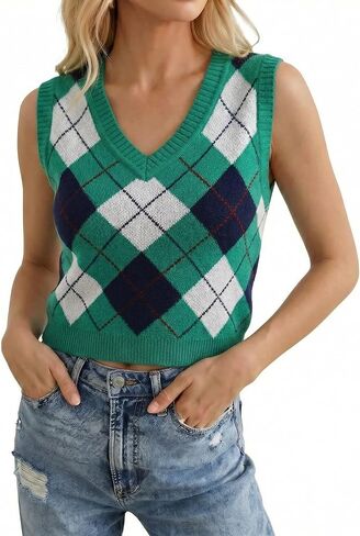 Women's Argyle V Neck Sweater Vest, Sleeveless Knit Pullover Top, Casual Preppy Style Sweater Tank for Fall Winter in Saudi Arabia