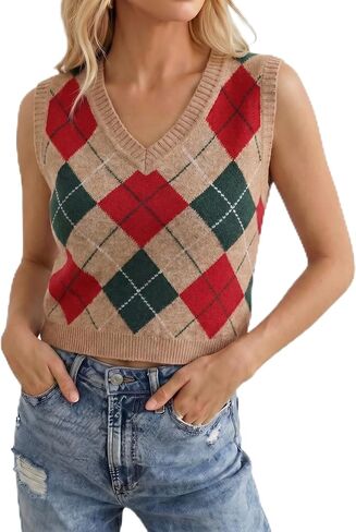 Women's Argyle V Neck Sweater Vest, Sleeveless Knit Pullover Top, Casual Preppy Style Sweater Tank for Fall Winter in Kuwait