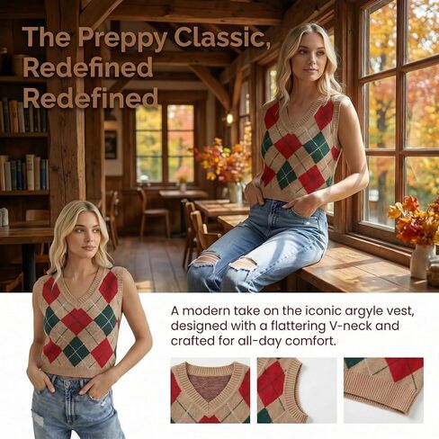 Women's Argyle V Neck Sweater Vest, Sleeveless Knit Pullover Top, Casual Preppy Style Sweater Tank for Fall Winter in Kuwait