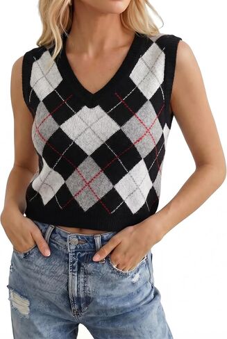 Women's Argyle V Neck Sweater Vest, Sleeveless Knit Pullover Top, Casual Preppy Style Sweater Tank for Fall Winter in Kuwait