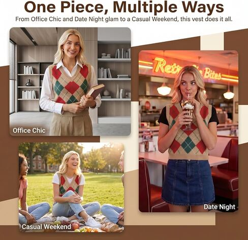 Women's Argyle V Neck Sweater Vest, Sleeveless Knit Pullover Top, Casual Preppy Style Sweater Tank for Fall Winter in Kuwait