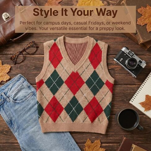 Women's Argyle V Neck Sweater Vest, Sleeveless Knit Pullover Top, Casual Preppy Style Sweater Tank for Fall Winter in Kuwait