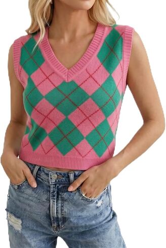 Women's Argyle V Neck Sweater Vest, Sleeveless Knit Pullover Top, Casual Preppy Style Sweater Tank for Fall Winter in Kuwait