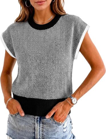 Flowyair Womens Cap Sleeve Sweater Vest Color Block Knit Crop Tops Crew Neck Casual Lightweight Pullover Tops in Saudi Arabia