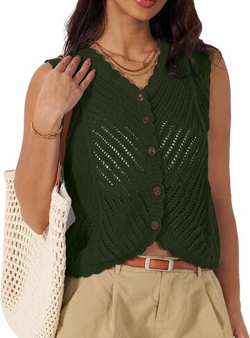 Crochet Tops for Women Summer Vest Tops Sleeveless Button Up Sweater Vest 2026 Vacation Outfits in Saudi Arabia