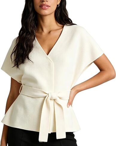Women’s V Neck Sweater Vest Cap Sleeve Tie Waist Hidden Snap Button Knit Top Casual Summer Blouse in Saudi Arabia