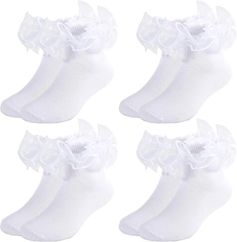 4 Pairs Girls Ruffle Socks Toddler Girl Frilly Lace Dress Ruffles Fold Over Cuff Sock Comfortable Cotton Socks in Kuwait