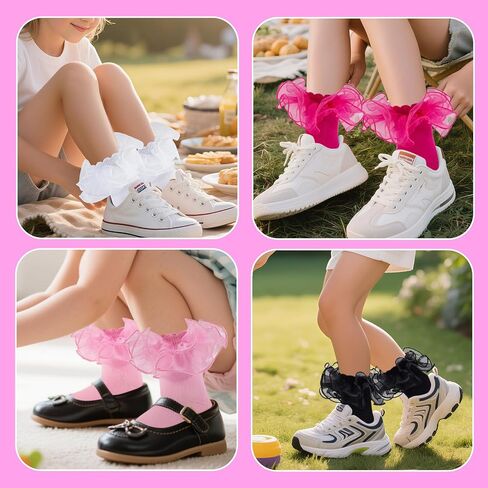 4 Pairs Girls Ruffle Socks Toddler Girl Frilly Lace Dress Ruffles Fold Over Cuff Sock Comfortable Cotton Socks in Kuwait