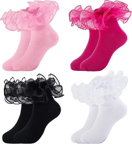 4 Pairs Girls Ruffle Socks Toddler Girl Frilly Lace Dress Ruffles Fold Over Cuff Sock Comfortable Cotton Socks in Kuwait