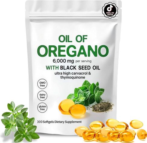 Oil of Oregano Softgels 6000mg with Carvacrol & Black Seed Oil (5 Month Supply, 300 Softgels) High Potency, Non-GMO, Gluten-Free, Natural Herbal Wellness Supplement for Immune & Gut Support in Kuwait