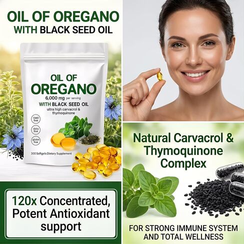 Oil of Oregano Softgels 6000mg with Carvacrol & Black Seed Oil (5 Month Supply, 300 Softgels) High Potency, Non-GMO, Gluten-Free, Natural Herbal Wellness Supplement for Immune & Gut Support in Kuwait