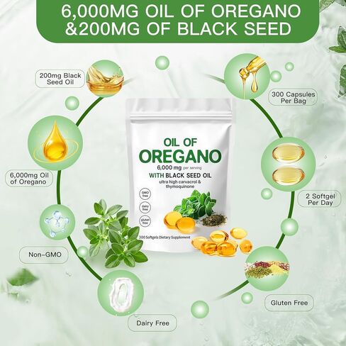 Oil of Oregano Softgels 6000mg with Carvacrol & Black Seed Oil (5 Month Supply, 300 Softgels) High Potency, Non-GMO, Gluten-Free, Natural Herbal Wellness Supplement for Immune & Gut Support in Kuwait