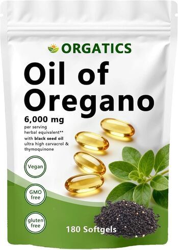 ORGATICS Oil of Oregano Softgels with Black Seed Oil, 6,000 mg Herbal Equivalent Per Serving, Naturally Occurring Carvacrol & Thymoquinone, Vegan, Non-GMO, Gluten-Free, 180 Softgels(1pc) in Kuwait