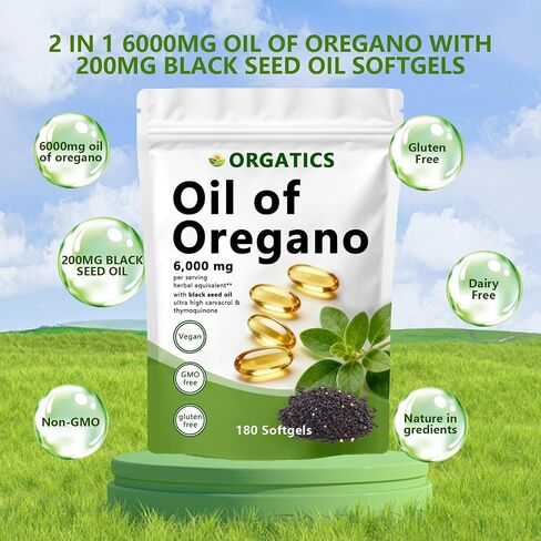 ORGATICS Oil of Oregano Softgels with Black Seed Oil, 6,000 mg Herbal Equivalent Per Serving, Naturally Occurring Carvacrol & Thymoquinone, Vegan, Non-GMO, Gluten-Free, 180 Softgels(1pc) in Kuwait