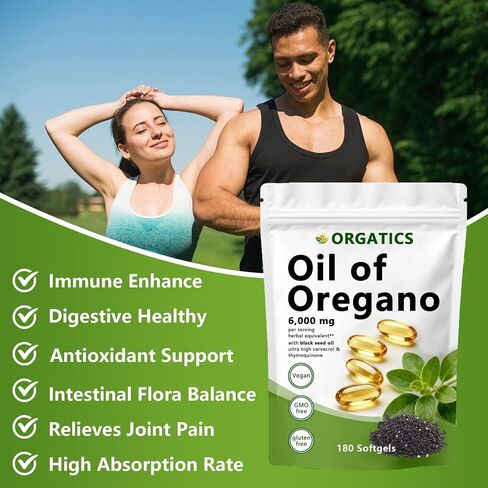 ORGATICS Oil of Oregano Softgels with Black Seed Oil, 6,000 mg Herbal Equivalent Per Serving, Naturally Occurring Carvacrol & Thymoquinone, Vegan, Non-GMO, Gluten-Free, 180 Softgels(1pc) in Kuwait