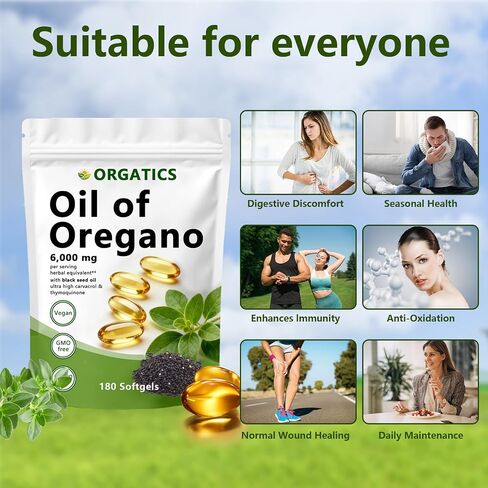 ORGATICS Oil of Oregano Softgels with Black Seed Oil, 6,000 mg Herbal Equivalent Per Serving, Naturally Occurring Carvacrol & Thymoquinone, Vegan, Non-GMO, Gluten-Free, 180 Softgels(1pc) in Kuwait