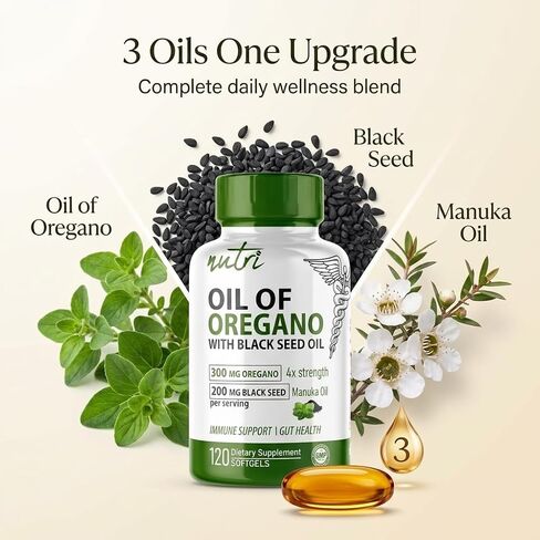 Nutri Oil of Oregano with Black Seed Oil and Manuka Oil Softgels, 505mg Extra Strength Oregano Oil Black Seed Oil Softgels Blend for Immune, Gut and Inflammatory Support Supplements (120 Count) in Saudi Arabia