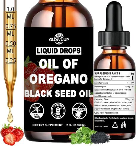 Oil of Oregano with Black Seed Oil Liquid Drops, High Carvacrol & Thymoquinone Aceite de Orégano, Oregano Oil Supplement for Immune & Gut Health, Fast Absorb Oregano Liquid Than Capsules丨2Fl Oz, Vegan in Saudi Arabia