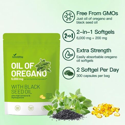 VivoNu Oil of Oregano with Black Seed Oil, Balanced Oil of Oregano Capsules, Organic OreganoOil Softgels,Carvacrol,Thymoquinone, Non-GMO in Kuwait