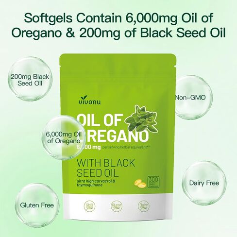 VivoNu Oil of Oregano with Black Seed Oil, Balanced Oil of Oregano Capsules, Organic OreganoOil Softgels,Carvacrol,Thymoquinone, Non-GMO in Kuwait