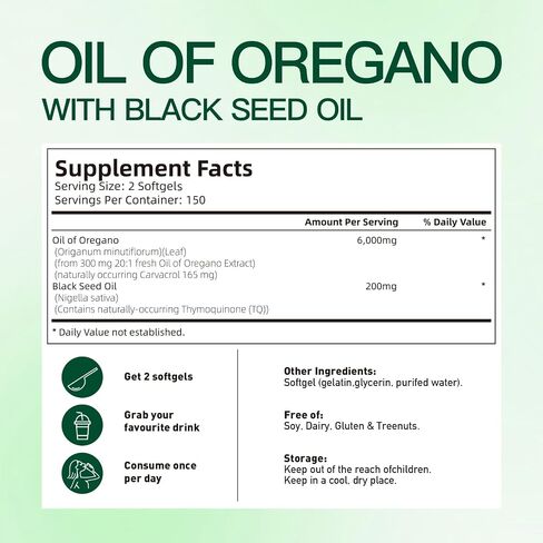 VivoNu Oil of Oregano with Black Seed Oil, Balanced Oil of Oregano Capsules, Organic OreganoOil Softgels,Carvacrol,Thymoquinone, Non-GMO in Kuwait