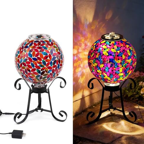 VOREEN Mosaic Glass Fountain, Floor-Standing Lighted Water Feature with Quiet Pump, Indoor/Outdoor Decorative Accent Lighting for Patio Garden Entryway Living Room, 10" Orb, Plug-in Adapter in Saudi Arabia