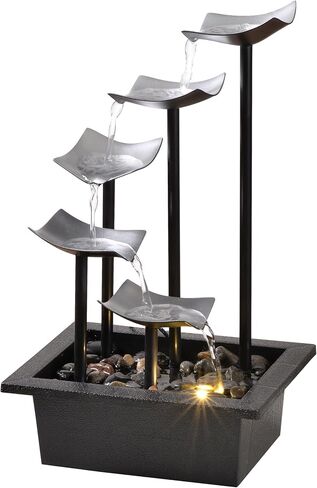 14" Indoor Tabletop Fountain, 5-Tier Modern Waterfall with LED Light and Natural River Rocks, Home Bedroom and Office Relaxation Decor, Zen Desktop Water Feature for Home & Office Gift in Saudi Arabia