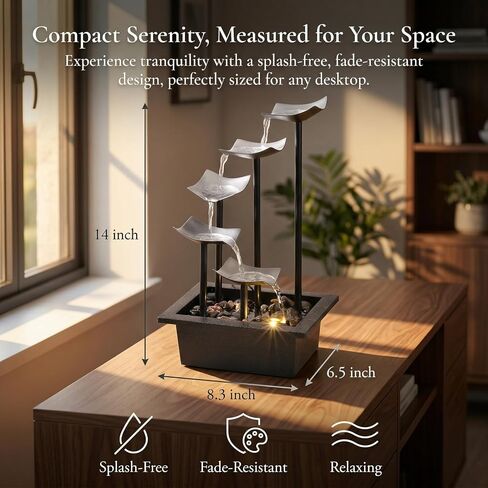 14" Indoor Tabletop Fountain, 5-Tier Modern Waterfall with LED Light and Natural River Rocks, Home Bedroom and Office Relaxation Decor, Zen Desktop Water Feature for Home & Office Gift in Saudi Arabia