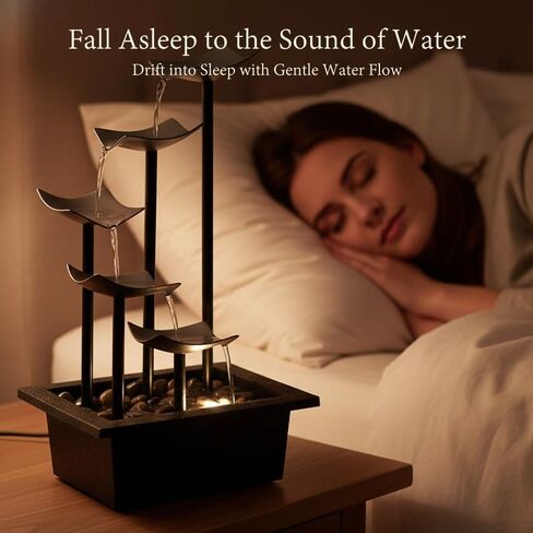 14" Indoor Tabletop Fountain, 5-Tier Modern Waterfall with LED Light and Natural River Rocks, Home Bedroom and Office Relaxation Decor, Zen Desktop Water Feature for Home & Office Gift in Saudi Arabia