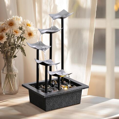 14" Indoor Tabletop Fountain, 5-Tier Modern Waterfall with LED Light and Natural River Rocks, Home Bedroom and Office Relaxation Decor, Zen Desktop Water Feature for Home & Office Gift in Saudi Arabia